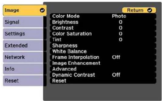Image Signal Settings Extended Network Info Reset Color Mode Photo Brightness 0 Contrast 0 Color Saturation 0 Tint 0 Sharpness White Balance Frame Interpolation Off Image Enhancement Advanced Dynamic Contrast Off Reset Return