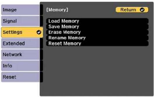 [Memory] Return Load Memory Save Memory Erase Memory Rename Memory Reset Memory Settings Extended Network Info Reset