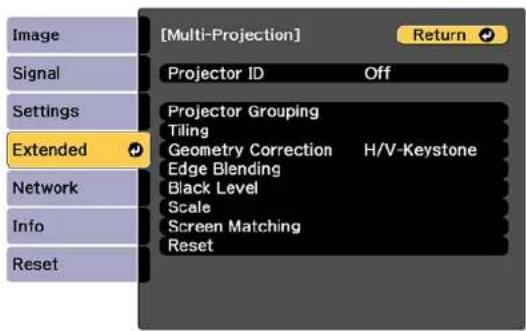 [Multi-Projection] Return Projector ID Off Projector Grouping Tiling Geometry Correction H/V-Keystone Edge Blending Black Level Scale Screen Matching Reset Extended Network Info Reset