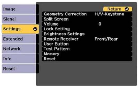 Image Signal Settings Extended Network Info Reset Geometry Correction H/V-Keystone Split Screen Volume 0 Lock Setting Brightness Settings Remote Receiver Front/Rear User Button Test Pattern Memory Reset Return