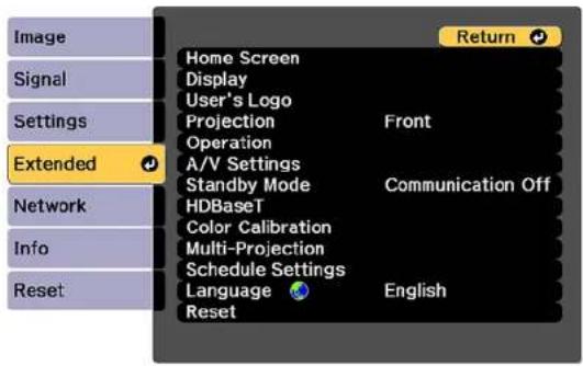 Image Signal Settings Extended Network Info Reset Home Screen Display User's Logo Projection Front Operation A/V Settings Standby Mode Communication Off HDBaseT Color Calibration Multi-Projection Schedule Settings Language English Reset