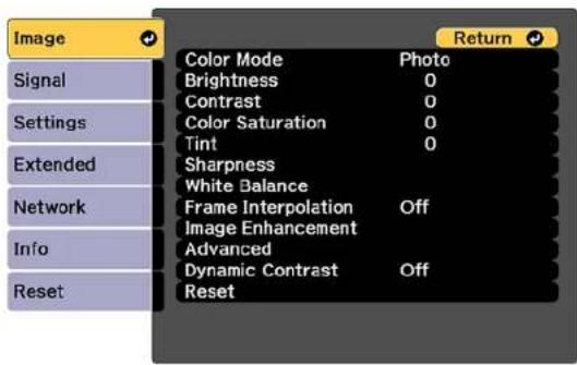 Image Signal Settings Extended Network Info Reset Color Mode Photo Brightness 0 Contrast 0 Color Saturation 0 Tint 0 Sharpness White Balance Frame Interpolation Off Image Enhancement Advanced Dynamic Contrast Off Reset Return