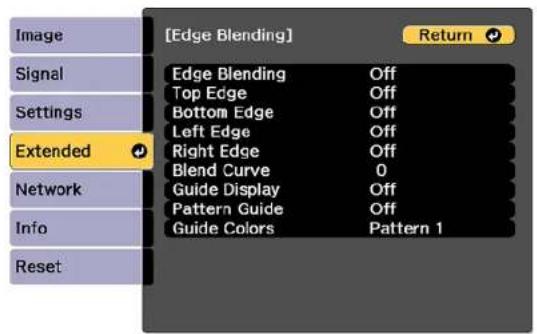 [Edge Blending] Return Edge Blending Off Top Edge Off Bottom Edge Off Left Edge Off Right Edge Off Blend Curve 0 Guide Display Off Pattern Guide Off Guide Colors Pattern 1 Extended Network Info Reset