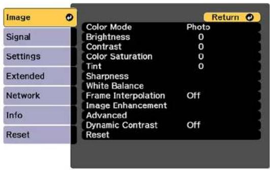 Image Signal Settings Extended Network Info Reset Color Mode Photo Brightness 0 Contrast 0 Color Saturation 0 Tint 0 Sharpness White Balance Frame Interpolation Off Image Enhancement Advanced Dynamic Contrast Off Reset Return