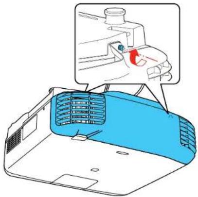 Diagram showing a blue industrial air vent with a magnified view of the component being handled, including a red-handled tool.