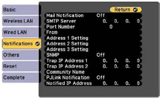 Basic Wireless LAN Wired LAN Notifications Others Reset Complete Mail Notification Off SMTP Server 0. 0. 0. 0 Port Number 0 From Address 1 Setting Address 2 Setting Address 3 Setting SNMP Off Trap IP Address 1 0. 0. 0. 0 Trap IP Address 2 0. 0. 0. 0 Community Name PJLink Notification Off Notified IP Address 0. 0. 0. 0 Return