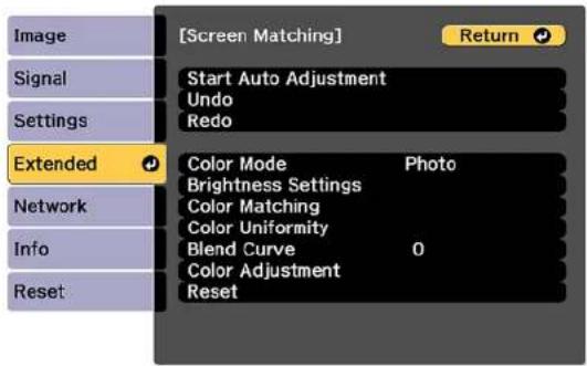 [Screen Matching] Return Start Auto Adjustment Undo Redo Extended Color Mode Photo Brightness Settings Color Matching Color Uniformity Blend Curve 0 Color Adjustment Reset
