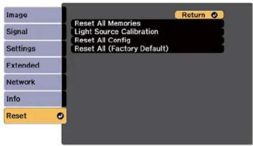 Image Signal Settings Extended Network Info Reset Return Reset All Memories Light Source Calibration Reset All Config Reset All (Factory Default)