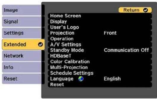 Image Signal Settings Extended Network Info Reset Home Screen Display User's Logo Projection Front Operation A/V Settings Standby Mode Communication Off HDBaseT Color Calibration Multi-Projection Schedule Settings Language English Reset