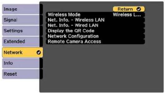 Image Signal Settings Extended Network Info Reset Wireless Mode Wireless L... Net. Info. - Wireless LAN Net. Info. - Wired LAN Display the QR Code Network Configuration Remote Camera Access Return