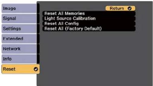 Image Signal Settings Extended Network Info Reset Reset All Memories Light Source Calibration Reset All Config Reset All (Factory Default) Return