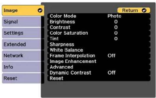 Image Signal Settings Extended Network Info Reset Color Mode Photo Brightness 0 Contrast 0 Color Saturation 0 Tint 0 Sharpness White Balance Frame Interpolation Off Image Enhancement Advanced Dynamic Contrast Off Reset Return