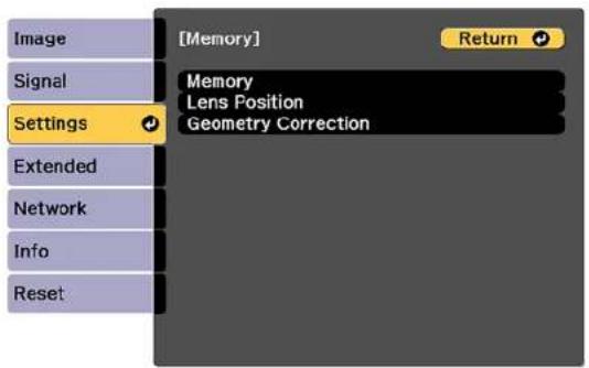 [Memory] Return Settings Memory Lens Position Geometry Correction Extended Network Info Reset
