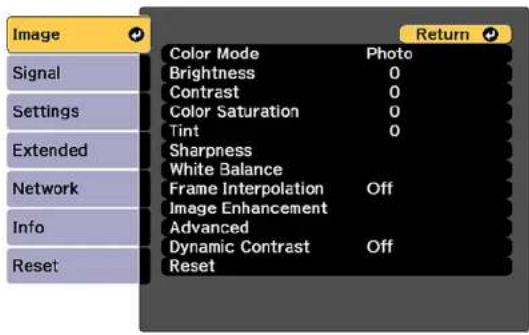 Image Signal Settings Extended Network Info Reset Color Mode Photo Brightness 0 Contrast 0 Color Saturation 0 Tint 0 Sharpness White Balance Frame Interpolation Off Image Enhancement Advanced Dynamic Contrast Off Reset Return