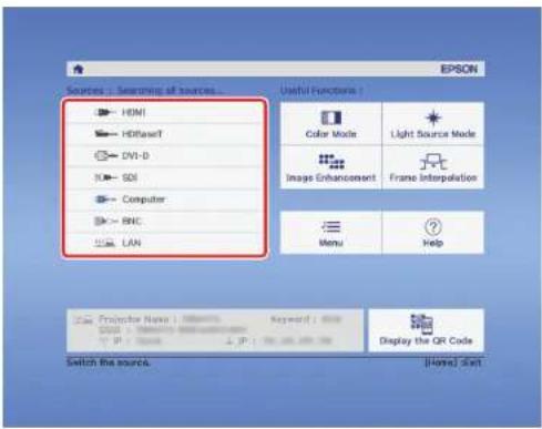 EPSON Sources : Searching of sources... HDMI HD/SoftT DVI-D SDI Computer BNC LAN Useful Functions : Color Mode Light Source Mode Image Enhancement Frame Interpolation Menu ? Help Projector Name : Microsoft Word Keyword : 1000000000000000000000000000000000000000000000000000000000000000000000000000000000000000 Switch the source. [Hand] Shift