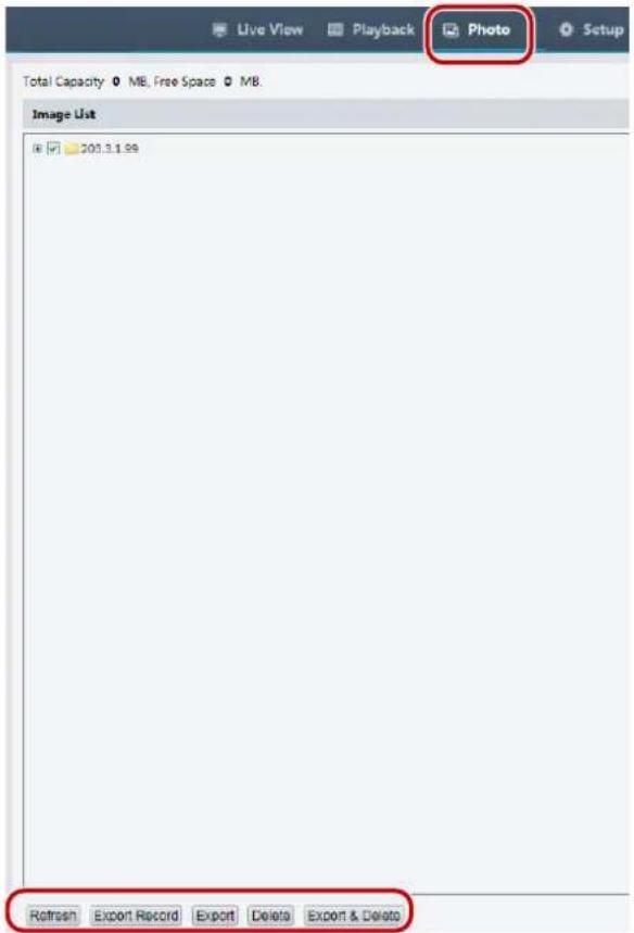 Live View Playback Photo Setup Total Capacity 0 MB, Free Space 0 MB. Image List 201.3.1.98 Refresh Export Record Export Delete Export & Delete