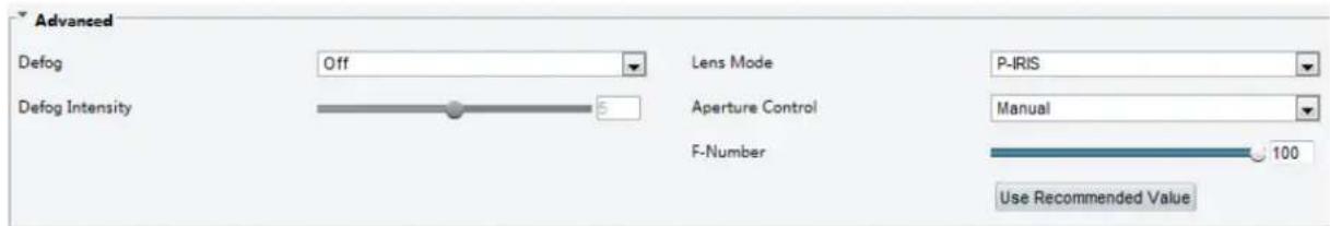 Advanced Defog Off Lens Mode P-IRIS Defog Intensity 5 Aperture Control Manual F-Number 100 Use Recommended Value