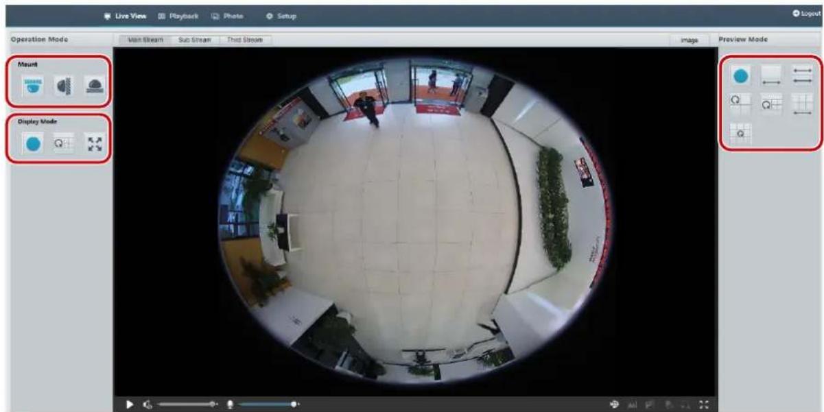 Live View Playback Photo Setup Operation Mode Van Stream Sub Stream Thud Stream Mount Display Mode Preview Mode