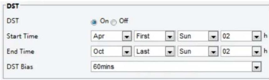 DST DST On Off Start Time Apr First Sun 02 h End Time Oct Last Sun 02 h DST Bias 60mins