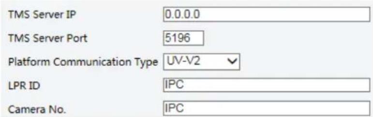 TMS Server IP 0.0.0.0 TMS Server Port 5196 Platform Communication Type UV-V2 LPR ID IPC Camera No. IPC
