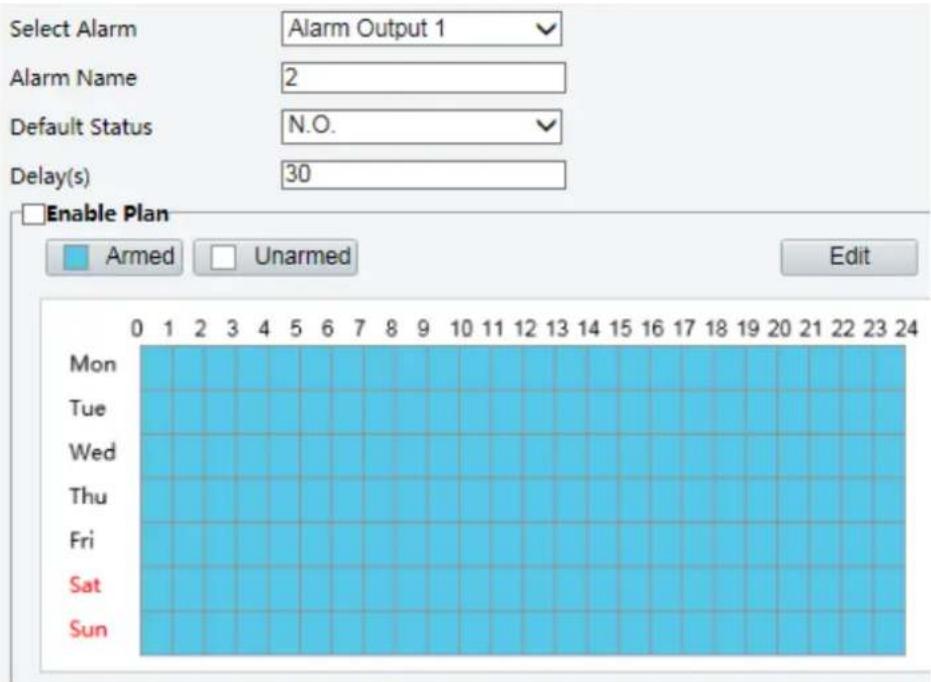 Select Alarm Alarm Output 1 Alarm Name 2 Default Status N.O. Delay(s) 30 Enable Plan Armed Unarmed Edit