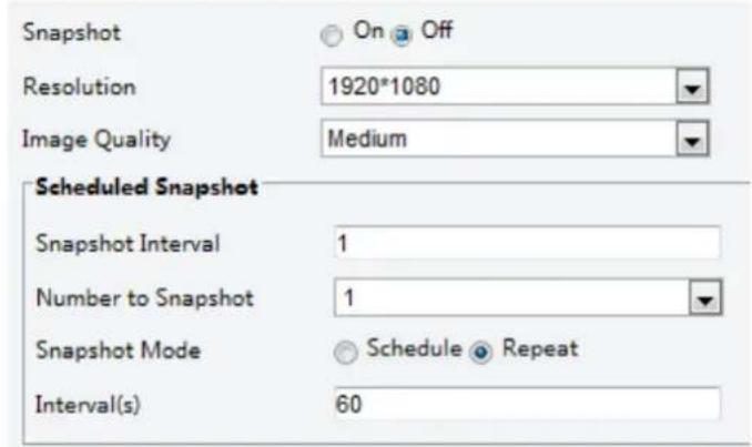 Snapshot On Off Resolution 1920*1080 Image Quality Medium Scheduled Snapshot Snapshot Interval 1 Number to Snapshot 1 Snapshot Mode Schedule Repeat Interval(s) 60