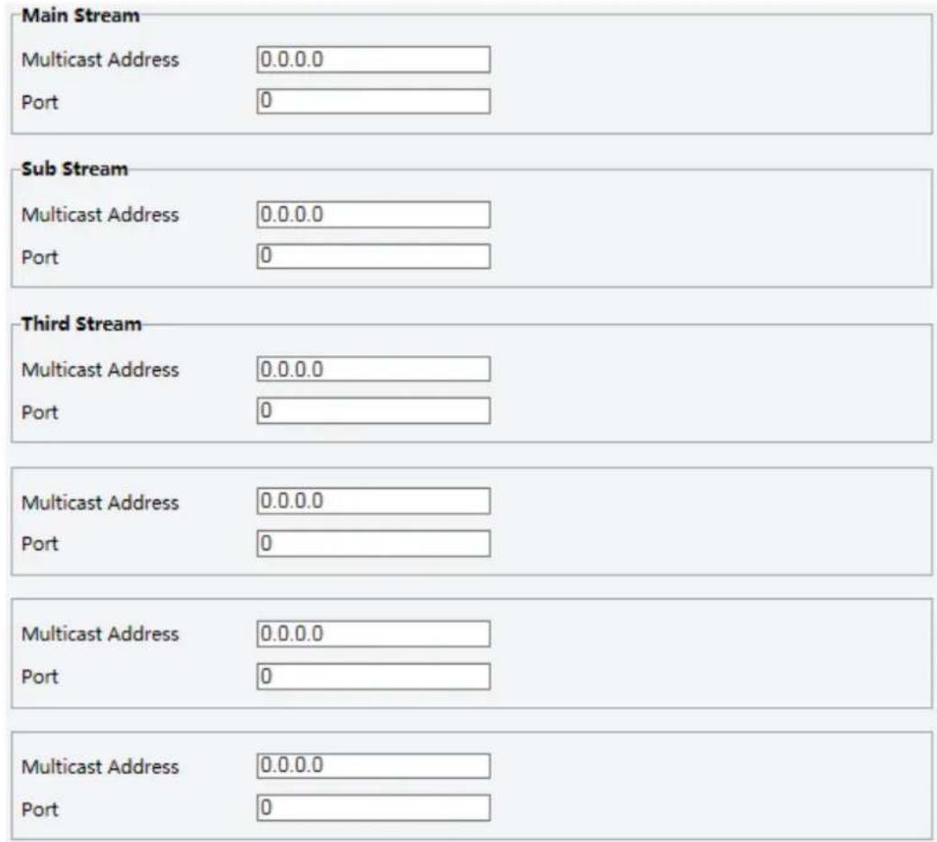 Main Stream Multicast Address 0.0.0.0 Port 0 Sub Stream Multicast Address 0.0.0.0 Port 0 Third Stream Multicast Address 0.0.0.0 Port 0 Multicast Address 0.0.0.0 Port 0 Multicast Address 0.0.0.0 Port 0 Multicast Address 0.0.0.0 Port 0