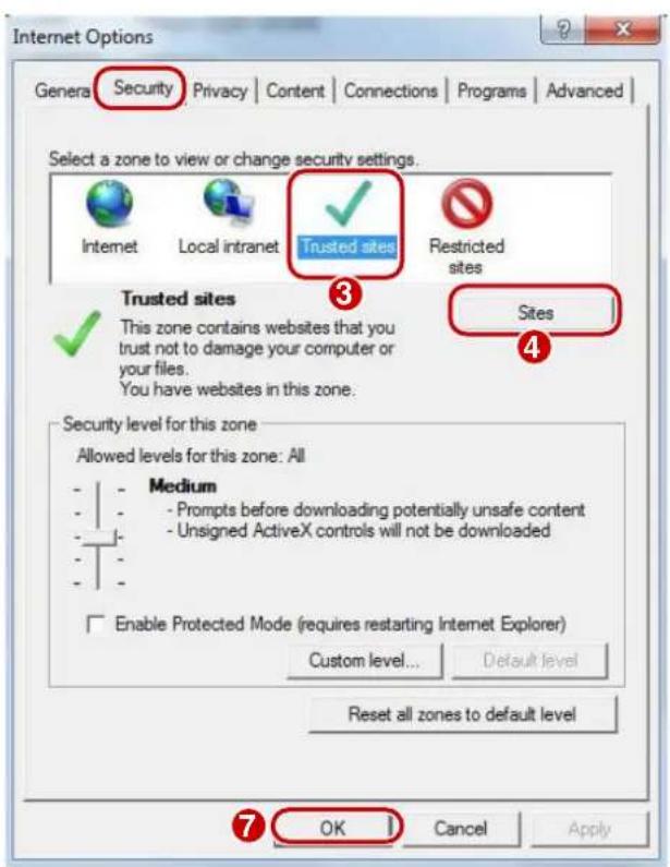 Internet Options Genera Security Privacy Content Connections Programs Advanced Select a zone to view or change security settings. Internet Local intranet Trusted sites Restricted sites Trusted sites 3 Sites ✓ This zone contains websites that you trust not to damage your computer or your files. You have websites in this zone. Security level for this zone Allowed levels for this zone: All Medium - Prompts before downloading potentially unsafe content - Unsigned ActiveX controls will not be downloaded Enable Protected Mode (requires restarting Internet Explorer) Custom level... Default level Reset all zones to default level OK Cancel Apply