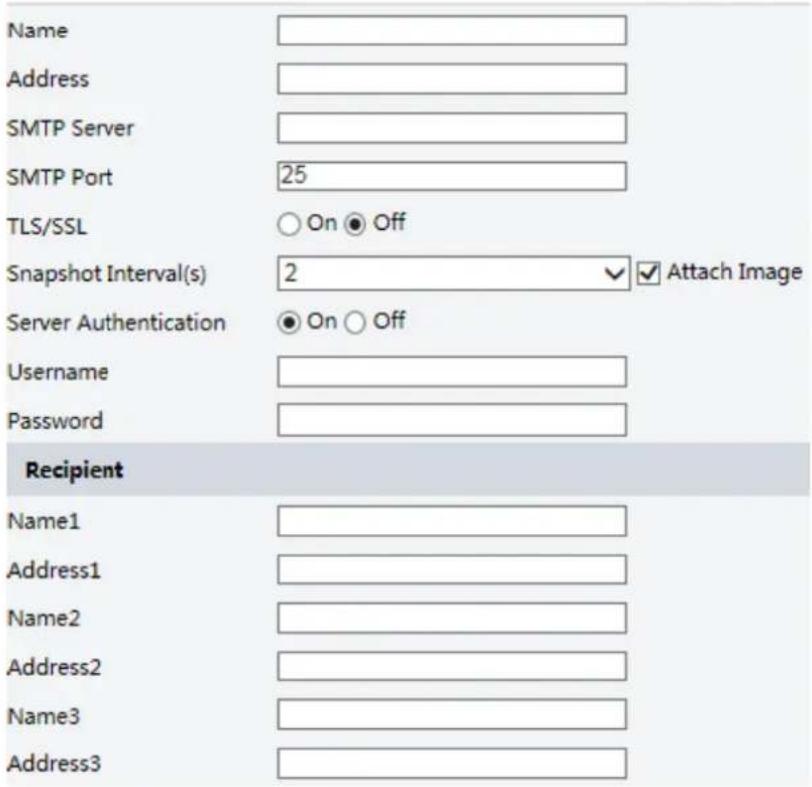 Name Address SMTP Server SMTP Port 25 TLS/SSL ○ On ● Off Snapshot Interval(s) 2 ✓ Attach Image Server Authentication ● On ○ Off Username Password Recipient Name1 Address1 Name2 Address2 Name3 Address3