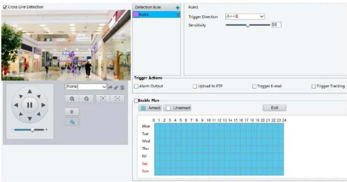 Cross Line Detection Detection Rule + Rule1 Trigger Direction A←→B Sensitivity 50 Trigger Actions Alarm Output Upload to FTP Trigger E-mail Trigger Tracking Enable Plan Aimed Unamied Edit Mon Tue Wed Thu Fri Sat Sun 0 1 2 3 4 5 6 7 8 9 10 11 12 13 14 15 16 17 18 19 20 21 22 23 24