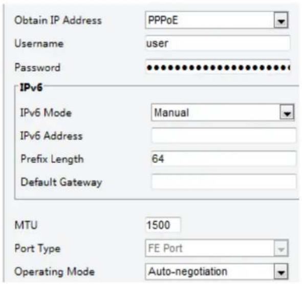 Obtain IP Address PPPoE Username user Password IPv6 IPv6 Mode Manual IPv6 Address Prefix Length 64 Default Gateway MTU 1500 Port Type FE Port Operating Mode Auto-negotiation