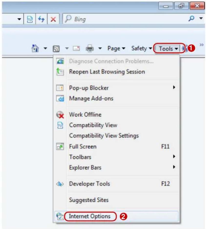 Bing Page Safety Tools Diagnose Connection Problems... Reopen Last Browsing Session Pop-up Blocker Manage Add-ons Work Offline Compatibility View Compatibility View Settings Full Screen F11 Toolbars Explorer Bars Developer Tools F12 Suggested Sites Internet Options ②