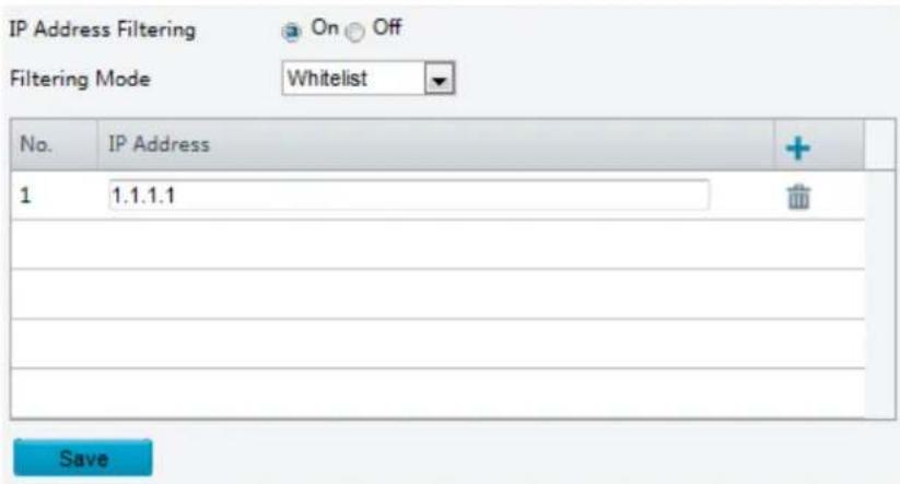 IP Address Filtering On Off Filtering Mode Whitelist No. IP Address 1 1.1.1.1 Save