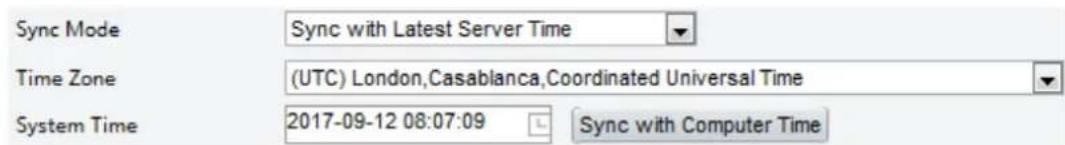 Sync Mode Sync with Latest Server Time Time Zone (UTC) London,Casablanca,Coordinated Universal Time System Time 2017-09-12 08:07:09 Sync with Computer Time