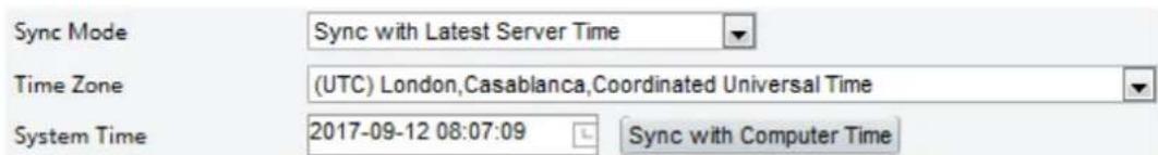 Sync Mode Sync with Latest Server Time Time Zone (UTC) London,Casablanca,Coordinated Universal Time System Time 2017-09-12 08:07:09 Sync with Computer Time