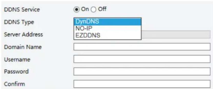 DDNS Service On Off DDNS Type DynDNS NO-IP EZDDNS Server Address Domain Name Username Password Confirm