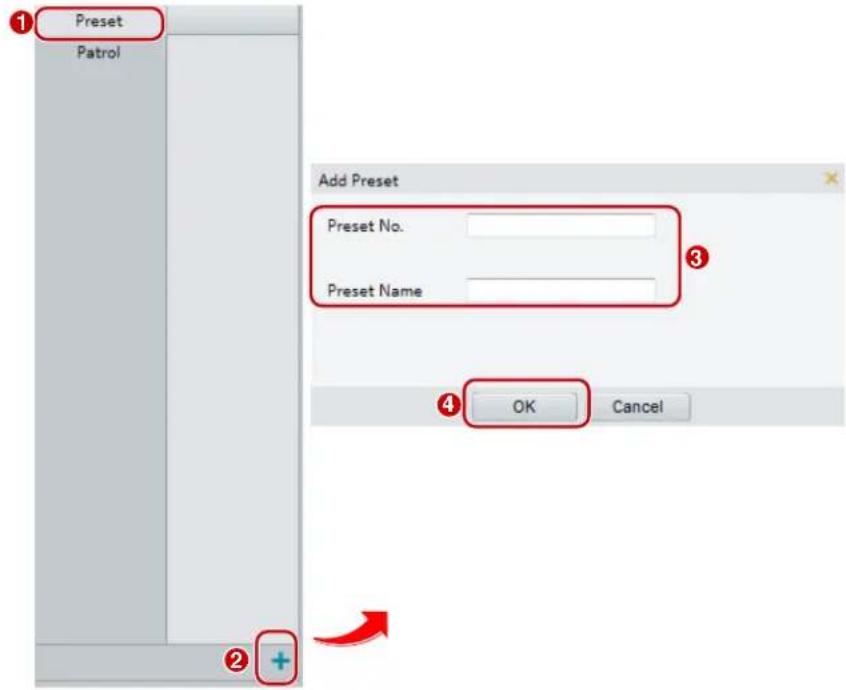 1 Preset Patrol Add Preset Preset No. Preset Name 3 4 OK Cancel 2 +