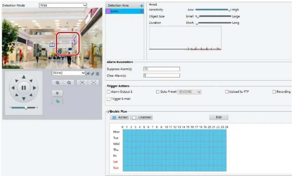 Detection Mode Area Detection Area Area1 Sensitivity Low High Object Size Small Large Duration Short Long Alarm Parameters Suppress Alarm(s) 15 Clear Alarm(s) 5 Trigger Actions Alarm Output 1 Goto Preset [DOOR] Upload to FTP Recording Trigger E-mail Enable Plan Aimed Unarmed Edit Mon Tue Wed Thu Fri Sat Sun