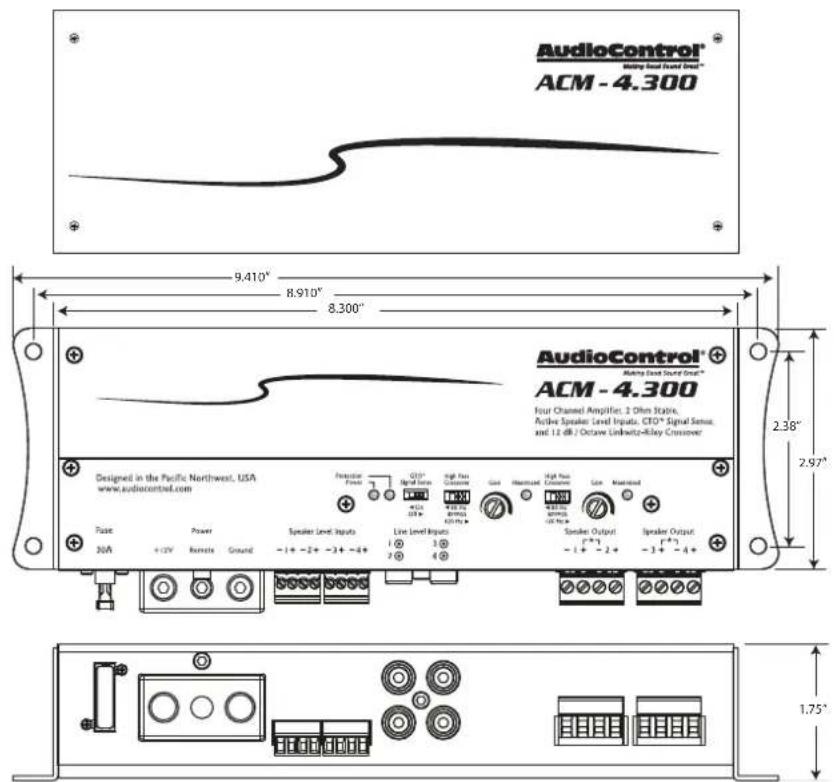 AudioControl® Molding Sound Sound Group* ACM - 4.300 9.410" 8.910" 8.300" AudioControl® Molding Sound Sound Group* Four Channel Amplifier, 2 Ohm Stable, Active Speaker Level Inputs, CFO® Signal Sensor, and 12 dB / Octave Linkwatch-Alley Crossover Designed in the Pacific Northwest, USA www.audiocontrol.com Fuse 30V +12V Power Remote Ground Speaker Level Inputs -1+ -2+ -3+ -4+ Resistor Power Q15* Signal Source High Peak Crossover Gan Maximoid High Peak Crossover Gan Maximoid Speaker Output [-1] [-2] Speaker Output [-3] [-4] 1.75"