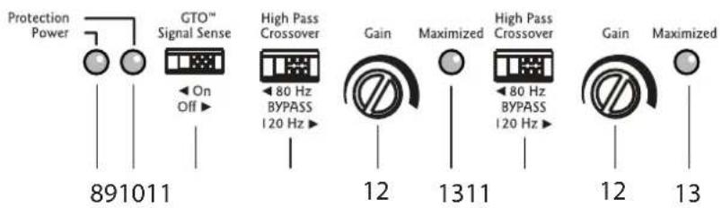 Protection Power GTO™ Signal Sense On Off 891011 High Pass Crossover 80 Hz BYPASS 120 Hz Gain Maximized High Pass Crossover 80 Hz BYPASS 120 Hz Gain Maximized 12 1311 12 13