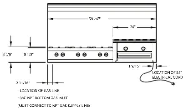 59 7/8" 24" 8 5/8" 8 1/8" 2 11/16" - LOCATION OF GAS LINE - 3/4" NPT BOTTOM GAS INLET (MUST CONNECT TO NPT GAS SUPPLY LINE) 19/16" LOCATION OF 55" ELECTRICAL CORD