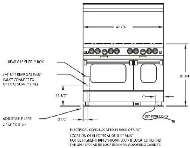 47 7/8" REAR GAS SUPPLY BOX 3/4" NPT REAR GAS INLET (MUST CONNECT TO NPT GAS SUPPLY LINE) 12 1/2" ADJUSTABLE LEGS 2-1/2" TO 3-1/4" 5" 55" PWR CORD ELECTRICAL CORD LOCATED IN BACK OF UNIT LOCATION OF ELECTRICAL OUTLET MUST NOT BE HIGHER THAN 3" FROM FLOOR IF LOCATED BEHIND THE UNIT OR CAN BE LOCATED IN AN ADJOINING CABINET.