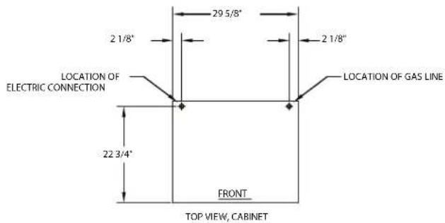 29 5/8" 2 1/8" 2 1/8" LOCATION OF ELECTRIC CONNECTION LOCATION OF GAS LINE 22 3/4" FRONT TOP VIEW, CABINET