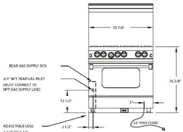 35 7/8" REAR GAS SUPPLY BOX 3/4" NPT REAR GAS INLET (MUST CONNECT TO NPT GAS SUPPLY LINE) 12 1/2" 5" ADJUSTABLE LEGS 2 1/2" 36 3/4" 55" PWR CORD