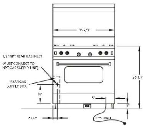 1/2" NPT REAR GAS INLET (MUST CONNECT TO NPT GAS SUPPLY LINE) REAR GAS SUPPLY BOX 10" 2 1/2" 35 7/8" 36 3/4" 5" 3" 55" CORD
