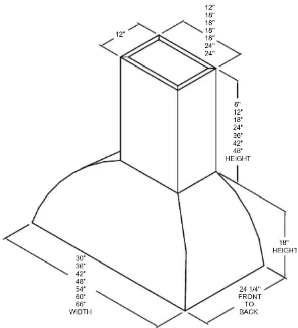 12" 18" 18" 18" 24" 24" 6" 12" 18" 24" 36" 42" 48" HEIGHT 30" 36" 42" 48" 54" 60" 66" WIDTH 24 1/4" FRONT TO BACK 18" HEIGHT