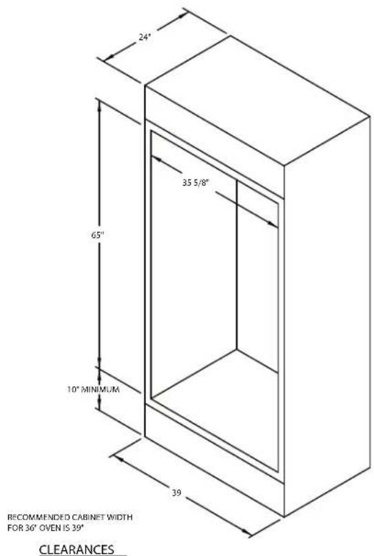 24" 65" 10" MINIMUM 39" 35 5/8" RECOMMENDED CABINET WIDTH FOR 36" OVEN IS 39" CLEARANCES