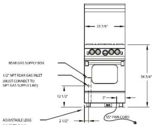 23 7/8" REAR GAS SUPPLY BOX 1/2" NPT REAR GAS INLET (MUST CONNECT TO NPT GAS SUPPLY LINE) 12 1/2" 5" 36 3/4" ADJUSTABLE LEGS 2 1/2" 55" PWR CORD
