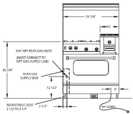 3/4" NPT REAR GAS INLET (MUST CONNECT TO NPT GAS SUPPLY LINE) REAR GAS SUPPLY BOX 12 1/2" ADJUSTABLE LEGS 2 1/2 TO 3 1/4 2 1/2" 35 7/8" 12" 5" 55" CORD
