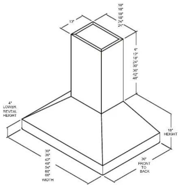 13" 18" 18" 18" 24" 24" 6" 12" 18" 24" 30" 36" 42" 48" 4" LOWER REVEAL HEIGHT 30" 36" 42" 48" 54" 60" 66" WIDTH 18" HEIGHT 36" FRONT TO BACK